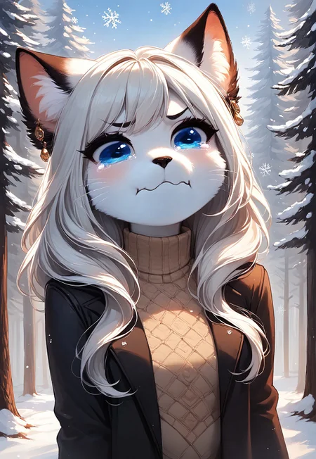 safe_pos, masterpiece, score_9_up, score_8_up, score_7_up, score_6_up, source_furry, (best quality:1.1), ultra-detailed, high resolution, solo, highly detailed macro illustration, 1girl, Nikita, anthro, cat, feline, female, white fur, long white hair, (beautiful detailed blue eyes), long eyelashes, black eyebrows, black animal nose, whiskers, fluffy ears, fluff in ears, black ear tips, breasts, cute, aquacrying, wavy mouth, closed mouth, tearing, cry, black coat, beige sweater, amber earrings BREAK Outdoors, forest in the background, winter, snow, falling snowflakes BREAK Highly Visible, sharp focus, perfect lighting, anatomically correct, extremely detailed, high detail, Expressiveh, detailed background, zPDXL3