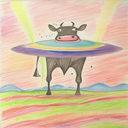 cow, field,( Abduction:1),(cow),(ovni:1) , beam of light,(UFO cow abduction:1.5),starry sky, (night)<lora:crayons_v1_sdxl:1>