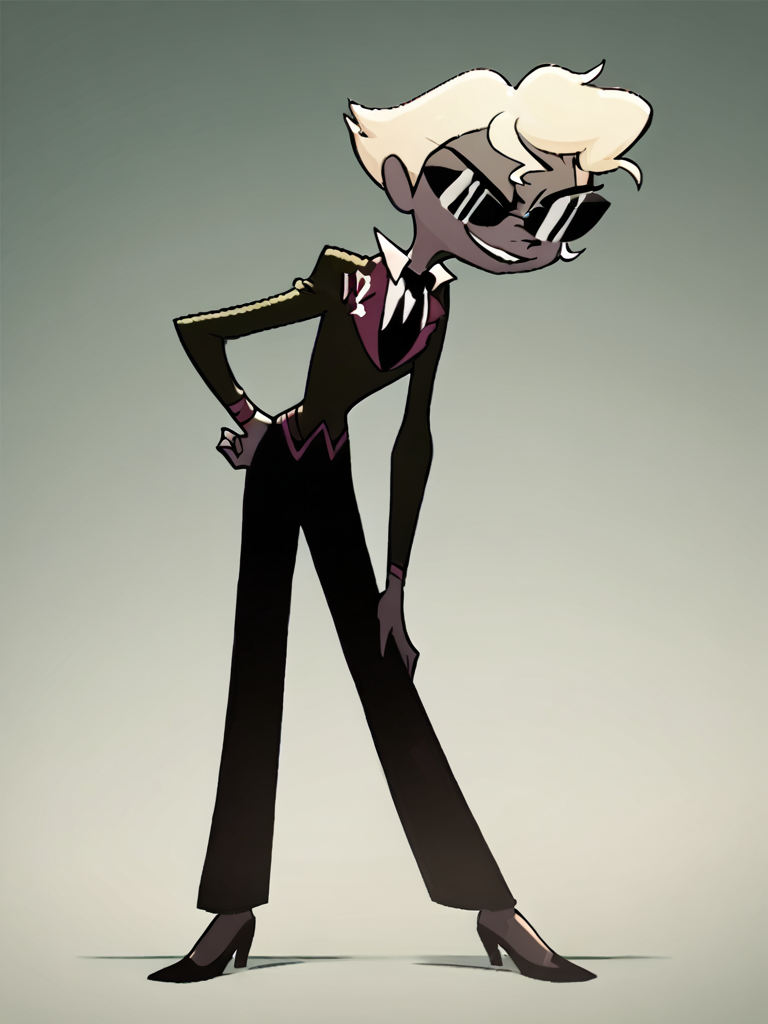 ,high heels, score_9, score_8_up, score_7_up, score_6_up, score_5_up, score_4_up, looking at viewer, hand on own hip, cowboy shot, <lora:Agent2:1> agent2, solo, suit, formal, sunglasses, necktie, short hair, smile, black pants