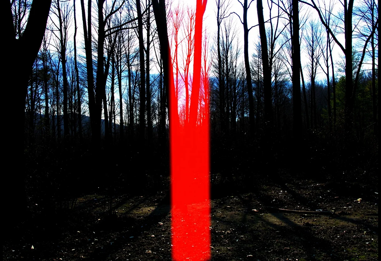 Low-resolution photo, shot on a film camera, with noticeable grain and minor color artifacts. The image depicts a dense forest featuring tall, leafless trees and scattered underbrush. Dominating the scene is a striking vertical streak of intense red light cutting through the center, creating a contrast with the dark, natural surroundings. Sunlight filters weakly through the tree canopy, with parts of the sky visible in the background, hinting at either dawn or dusk. The forest floor appears uneven with patches of grass, soil, and small, woody debris scattered throughout the undergrowth. The overall ambiance is mysterious and eerie., 