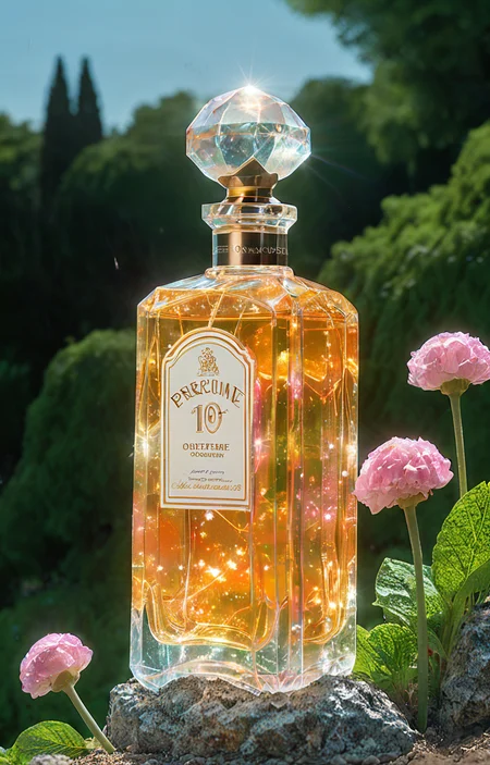 masterpiece,best quality,<lora:tbh34-sdxl:0.9>,illustration, A bottle of perfume in garden