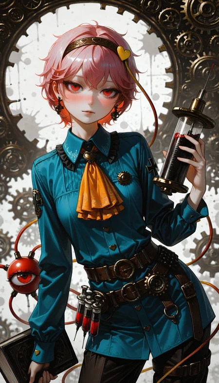 (AGM-Illu, best quality, abstract, steampunk, science_fiction, photoshop_(medium), original, traditional_media, ink_splatter, blood_splatter, splatter_background, bokeh, HDR, contrapposto, dutch angle, depth of field)
((touhou komeiji_satori 1girl adapted_costume ascot belt belt_buckle blood blue_shirt blush book bottle brown_belt brown_hairband buckle cross earrings eyelashes gears hair_ornament hairband heart heart_earrings heart_hair_ornament holding holding_book iron_cross jewelry long_sleeves looking_at_viewer orange_ascot parted_lips pink_hair red_eyes shirt short_hair solo steampunk syringe tube upper_body water))