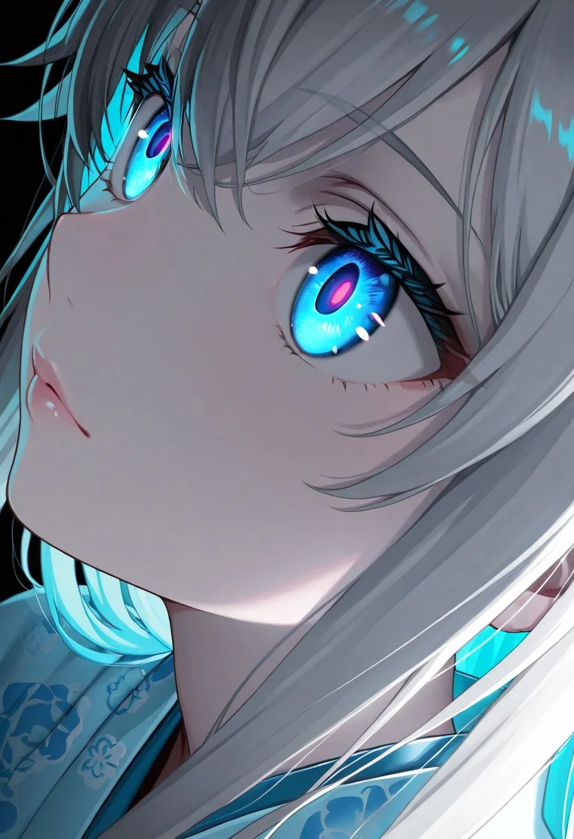 masterpiece, best quality, highly detailed, anime, Yukinoshita Yukino, //(oregairu)// 1girl, solo, close-up, serene anime girl with pale white skin, colored skin, (white skin:1.3), long glossy white hair with bangs, glowing blue eyes with a hypnotic sparkle, soft cinematic warm lighting casting gentle shadows, wearing a light blue kimono with subtle floral patterns, mysterious and cozy atmosphere, detailed hair texture with sharp lines, vibrant colors, dark background, highres, focus on glowing eyes, intricate details, --ar 9:16, --v 5, --q 2, negative prompt: low quality, blurry, distorted, extra limbs