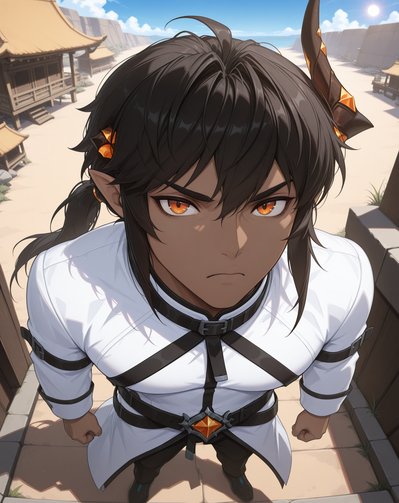 masterpiece, amazing quality, best quality, absurdres, very aesthetic,
1boy, solo, yaoi, male focus, full body, from above, standing, looking at viewer, face focus,
<lora:Sol_Evolution_ilxl:1> solevolution, dark-skinned male, horns,pointy ears, dark skin, long hair, orange eyes,black hair, single horn, ponytail,
white coat, long sleeves, frown, black pants, belt, shoes, black footwear,
outdoors, day, blue sky, sun,