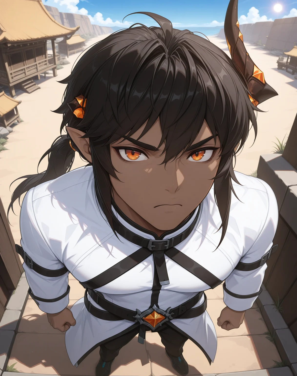 masterpiece, amazing quality, best quality, absurdres, very aesthetic,
1boy, solo, yaoi, male focus, full body, from above, standing, looking at viewer, face focus,
<lora:Sol_Evolution_ilxl:1> solevolution, dark-skinned male, horns,pointy ears, dark skin, long hair, orange eyes,black hair, single horn, ponytail,
white coat, long sleeves, frown, black pants, belt, shoes, black footwear,
outdoors, day, blue sky, sun,