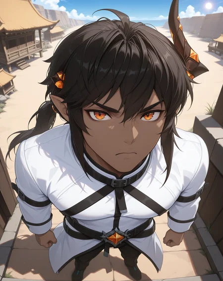 masterpiece, amazing quality, best quality, absurdres, very aesthetic,
1boy, solo, yaoi, male focus, full body, from above, standing, looking at viewer, face focus,
<lora:Sol_Evolution_ilxl:1> solevolution, dark-skinned male, horns,pointy ears, dark skin, long hair, orange eyes,black hair, single horn, ponytail,
white coat, long sleeves, frown, black pants, belt, shoes, black footwear,
outdoors, day, blue sky, sun,