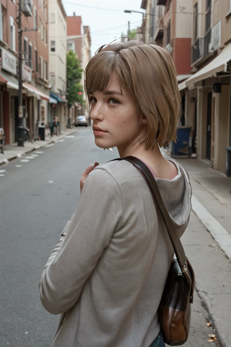 <lora:Max_Caulfield_life_is_Strange_101:0.75> maxcaulfield101 freckled score_9, score_8_up, score_8 looking at a photo in a back street