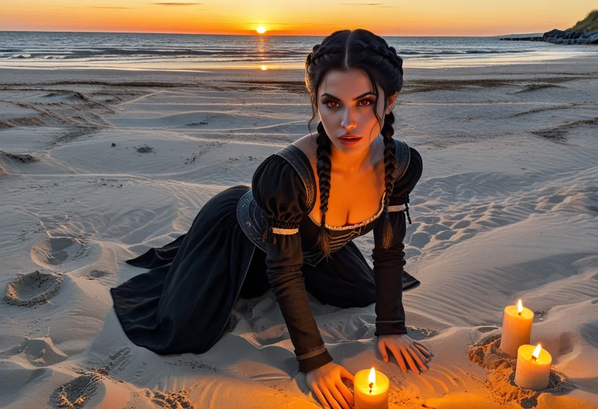 NM_tes_Serana,, 
black hair, medium hair, crownbraid, orange eyes, glowing eyes, vampire fangs
kneeling in the sand,
looking at the viewer, 
at a public beach , beach scene, medieval scene, 
evening, sunset, lit candles, 
cinematic shot,
8k ,realistic photo, highly detailed,
uncensored