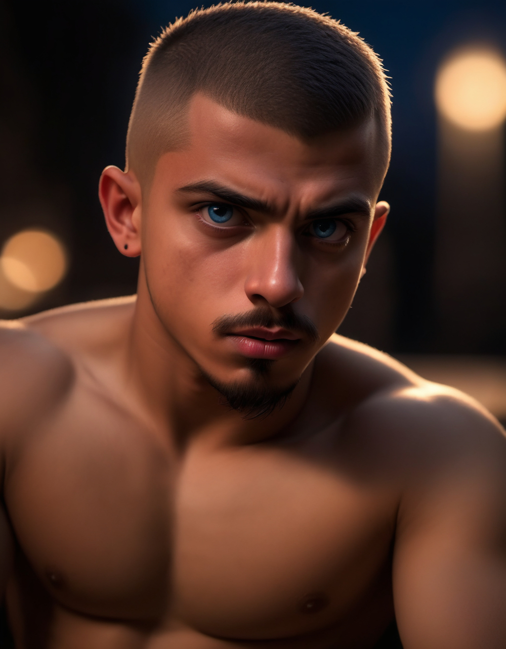 <lora:Smooth_skin_man:.5> photo of a (young)  young latino man, ((young face)), muscular, blue eyes, goatee, abs, buzzcut, angry expression, lying back, body, huge penis and testicles, (night), looking at viewer, nude, innocent face, high detail, realistic, high detail, 8k, (Masterpiece, high quality:1.3), masterpiece, depth of field, bokeh, detailed, homoerotic, (homoerotic), highly detailed, sharp focus, intricate, smooth, elegant, fantasy, cinematic lighting, cinematic, masterpiece, matte, photorealistic, 4k, beautiful, volumetric lighting, dramatic,