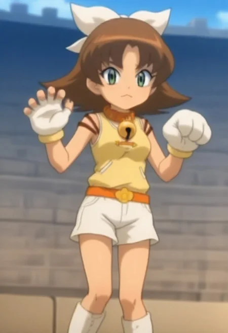 source_anime, anime screencap, source_anime, auratheguillotine, anime screencap, masterpiece, source_anime, shiny skin,,,,,,,,, bare shoulders,,, motti, brown hair, green eyes, nekoguchi, bell collar, orange collar, bangs, hair ribbon, white ribbon, medium hair, yellow tank top, tank top, exposed arms, sleeveless,, white shorts, orange belt, white boots, white gloves, one paw glove, one fingerless glove,