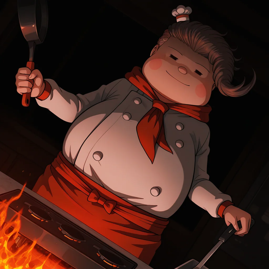 masterpiece, best quality, colorful, amazing quality, detailed background, cinematic, <lora:teruteru-v1-08:1> dteruteruh, =_=, 1boy, chubby, solo, chef, mini chef hat, red waist apron, dutch angle, dynamic pose, holding frying pan, cooking, fire, kitchen, dark,