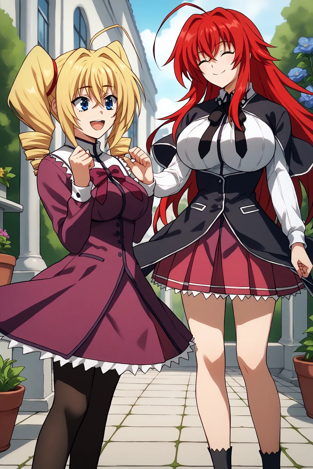 score_9, score_8_up, score_7_up, score_6_up, source_anime, two girls standing, talking to each other, garden, outdoors, city BREAK 1girl, <lora:ravelphenex-pdxl-nvwls-v1-000004:1> dxdRP, blonde hair, ahoge, twin drills, blue eyes, breasts, purple dress, long sleeves, purple bow, white collar, frilled dress, black pantyhose, happy, hands up, from side BREAK 1girl, <lora:rias-pdxl-nvwls-v1:1> dxdRG, red hair, ahoge, long hair, big breasts, black capelet, neck ribbon, white shirt, long sleeves, school uniform, purple skirt, smile, closed eyes, happy, tall
