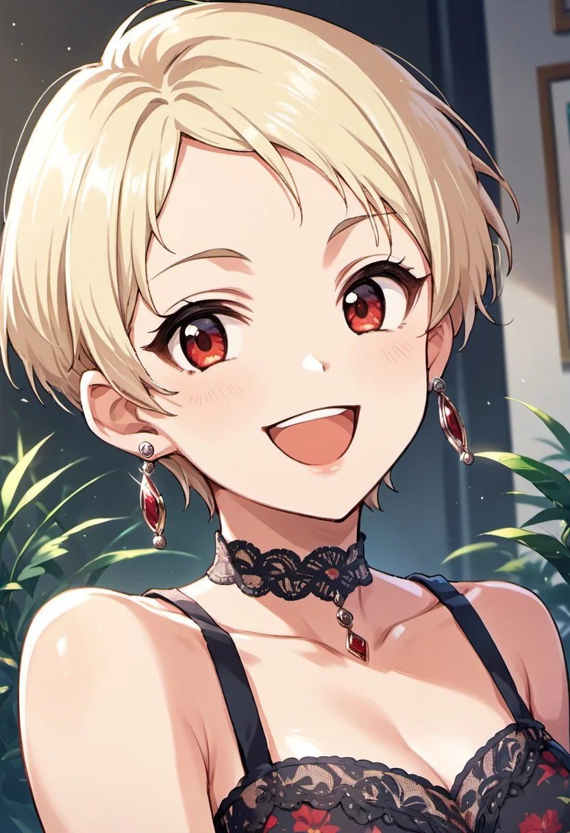 score_9, score_8_up, score_7_up, source_anime, senzaki ema, short hair, blonde hair, red eyes, 1girl, solo, very short hair, jewelry, earrings, open mouth, looking at viewer, smile, upper body, choker, :d, bare shoulders