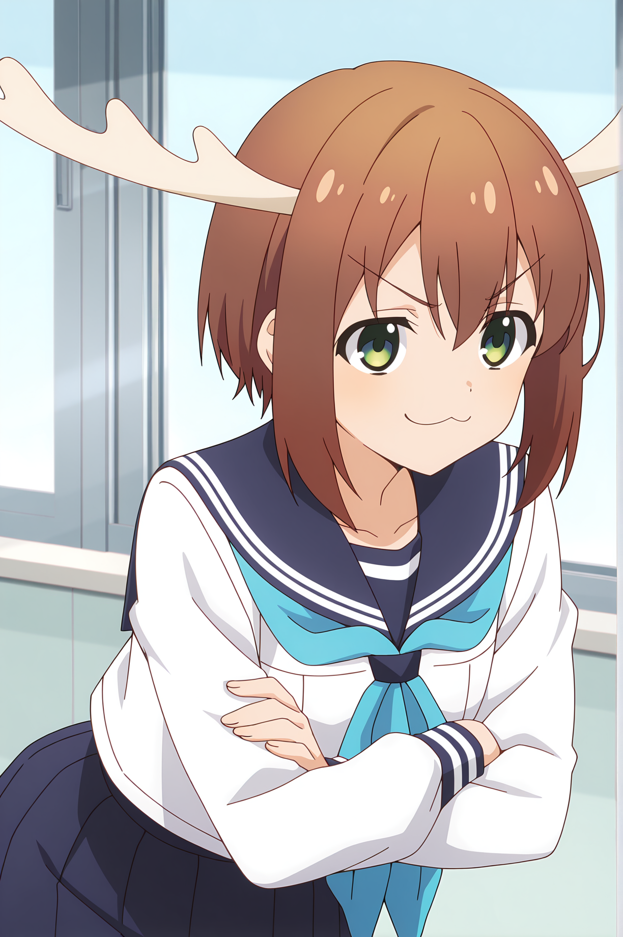 detailed background, official style,anime coloring, (anime screencap) masterpiece, detailed face,1girl   <lora:Noko_Shikanoko (1):0.8>Shikanoko, school uniform, brown hair, white shirt, crossed arms, antlers, solo, green eyes, serafuku, blue neckerchief, shirt, long sleeves, sailor collar, smug, neckerchief, v-shaped eyebrows, short hair, closed mouth, indoors, smile, :3, skirt, bangs, bent over