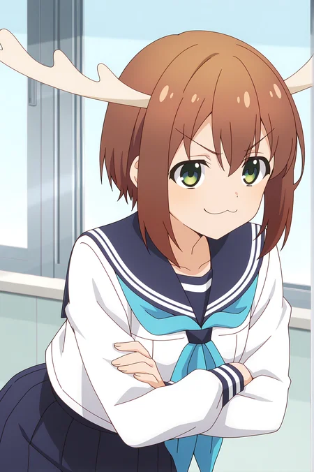 detailed background, official style,anime coloring, (anime screencap) masterpiece, detailed face,1girl <lora:Noko_Shikanoko (1):0.8>Shikanoko, school uniform, brown hair, white shirt, crossed arms, antlers, solo, green eyes, serafuku, blue neckerchief, shirt, long sleeves, sailor collar, smug, neckerchief, v-shaped eyebrows, short hair, closed mouth, indoors, smile, :3, skirt, bangs, bent over