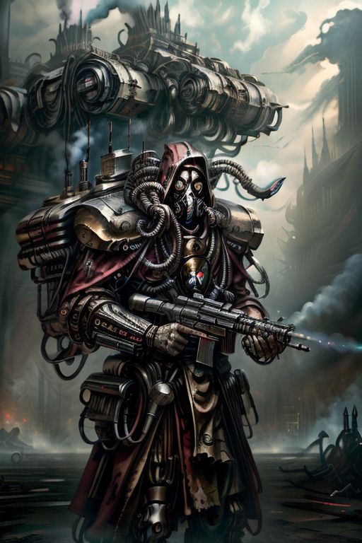 ((masterpiece,best quality)), absurdres, BREAK
mechanical arms, robes, hood, BREAK
((techpriest)), cyborg, mechanical face, mechanical limbs, gas mask, mechanical tentacles, (mechanical backpack), BREAK
1other, solo, holding pistol, firearm, handgun, pistol, gun, BREAK
factory background, smoggy sky, air pollution, smokestacks, BREAK
(NightmarishAI),
