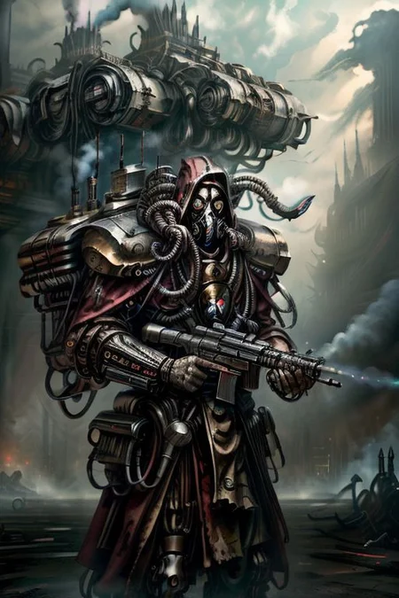 ((masterpiece,best quality)), absurdres, BREAK
mechanical arms, robes, hood, BREAK
((techpriest)), cyborg, mechanical face, mechanical limbs, gas mask, mechanical tentacles, (mechanical backpack), BREAK
1other, solo, holding pistol, firearm, handgun, pistol, gun, BREAK
factory background, smoggy sky, air pollution, smokestacks, BREAK
(NightmarishAI),