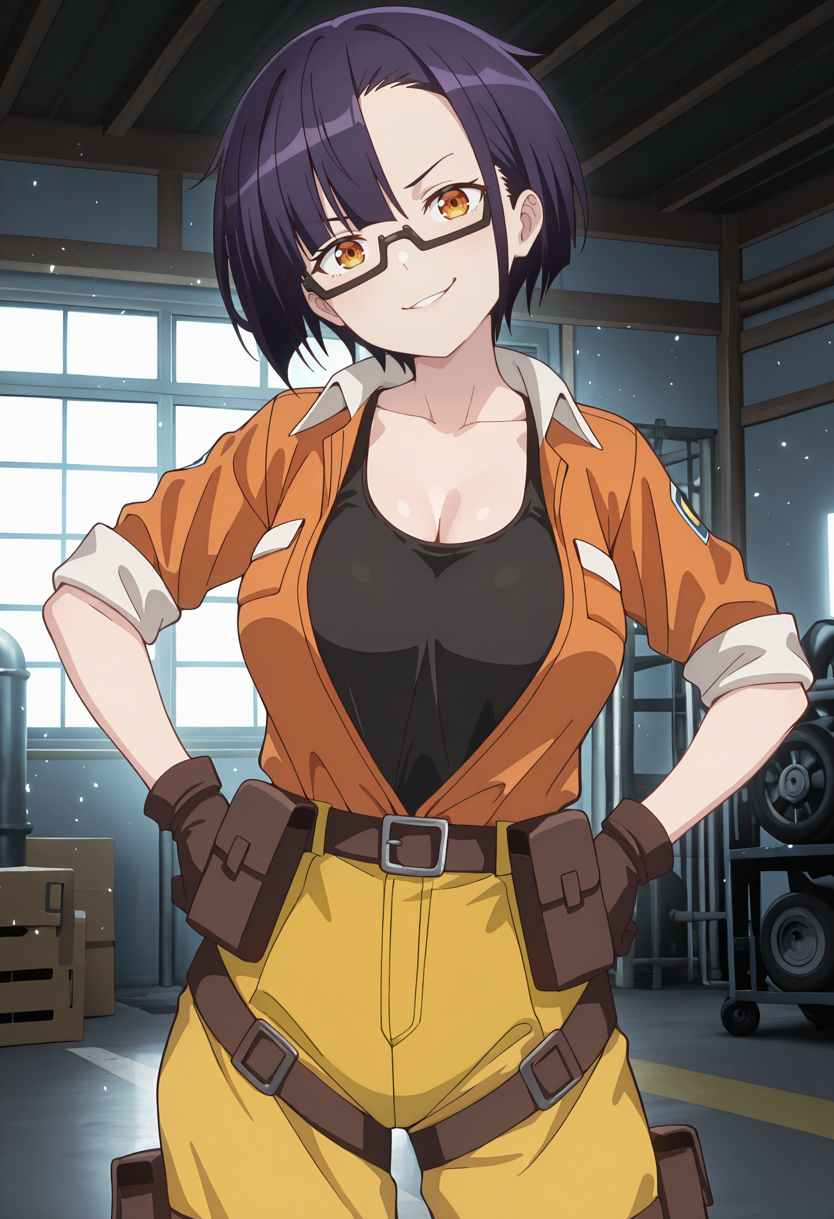 best quality, amazing quality, perfect quality, high quality, masterpiece, absolutely eye-catching BREAK
<lora:Im_the_Evil_Lord_of_an_Intergalactic_Empire_-_Nias_Carlin:1> OreAkuNias, orange eyes, purple hair, short hair, asymmetrical bangs, semi-rimless eyewear BREAK
orange jumpsuit, sleeves rolled up, black tank top, brown gloves, yellow pants, brown boots, belt pouch, thigh pouch BREAK
indoors, garage, light particles, 1girl, solo, standing, hands on hips, cowboy shot, smirk, head tilt, looking at viewer, dutch angle