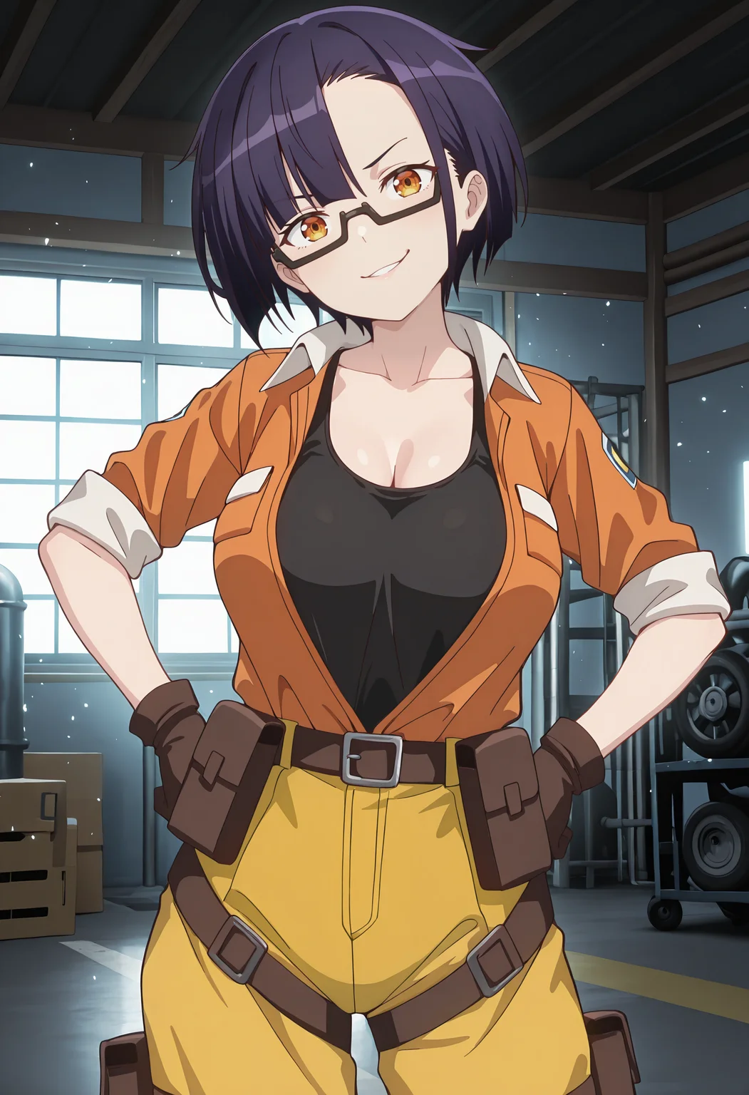 best quality, amazing quality, perfect quality, high quality, masterpiece, absolutely eye-catching BREAK
<lora:Im_the_Evil_Lord_of_an_Intergalactic_Empire_-_Nias_Carlin:1> OreAkuNias, orange eyes, purple hair, short hair, asymmetrical bangs, semi-rimless eyewear BREAK
orange jumpsuit, sleeves rolled up, black tank top, brown gloves, yellow pants, brown boots, belt pouch, thigh pouch BREAK
indoors, garage, light particles, 1girl, solo, standing, hands on hips, cowboy shot, smirk, head tilt, looking at viewer, dutch angle