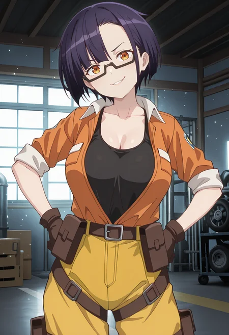 best quality, amazing quality, perfect quality, high quality, masterpiece, absolutely eye-catching BREAK
<lora:Im_the_Evil_Lord_of_an_Intergalactic_Empire_-_Nias_Carlin:1> OreAkuNias, orange eyes, purple hair, short hair, asymmetrical bangs, semi-rimless eyewear BREAK
orange jumpsuit, sleeves rolled up, black tank top, brown gloves, yellow pants, brown boots, belt pouch, thigh pouch BREAK
indoors, garage, light particles, 1girl, solo, standing, hands on hips, cowboy shot, smirk, head tilt, looking at viewer, dutch angle