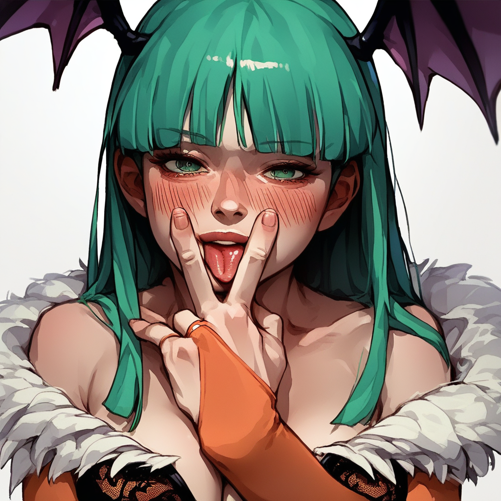score_9, score_8_up, score_8, (source_anime), BREAK, Morrigan Aensland, blush, perfect face, 1woman, 22 years old, MorriganAe, hime_cut, emerald_green hair, green eyes, blunt bangs, fur trim, bridal gauntlets, print pantyhose, bat print, cleavage, cunnilingus_gesture, BREAK, breasts covered, lace bra, 1woman, v_over_mouth, blush, detailed eyes, lips, smile, upper body, breasts, (v_over_mouth:0.9), (cunnilingus_gesture:1.2), tongue out, (perfect hand), (focus on face), tongue out, close up