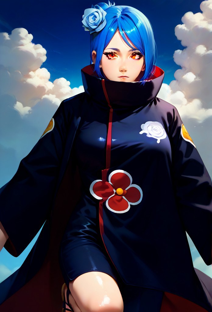 (1girl, solo, facing viewer, score_9, score_7_up, source_anime, score_9, score_8_up, score_7_up, , score_9, score_8_up, score_7_up, shiny skin, shiny, grabbing breasts, (KonanNSHXL, makeup, orange eyes, blue hair, short hair, single hair bun, hair flower, medium breasts, high collar, black coat, coat with cloud print, long sleeves, pants, sandals:1.3):1.3), zPDXL3 ,SimplePositiveXLv2, masterpiece, best quality, high res, illustration, extremely detailed, 8k, wallpaper