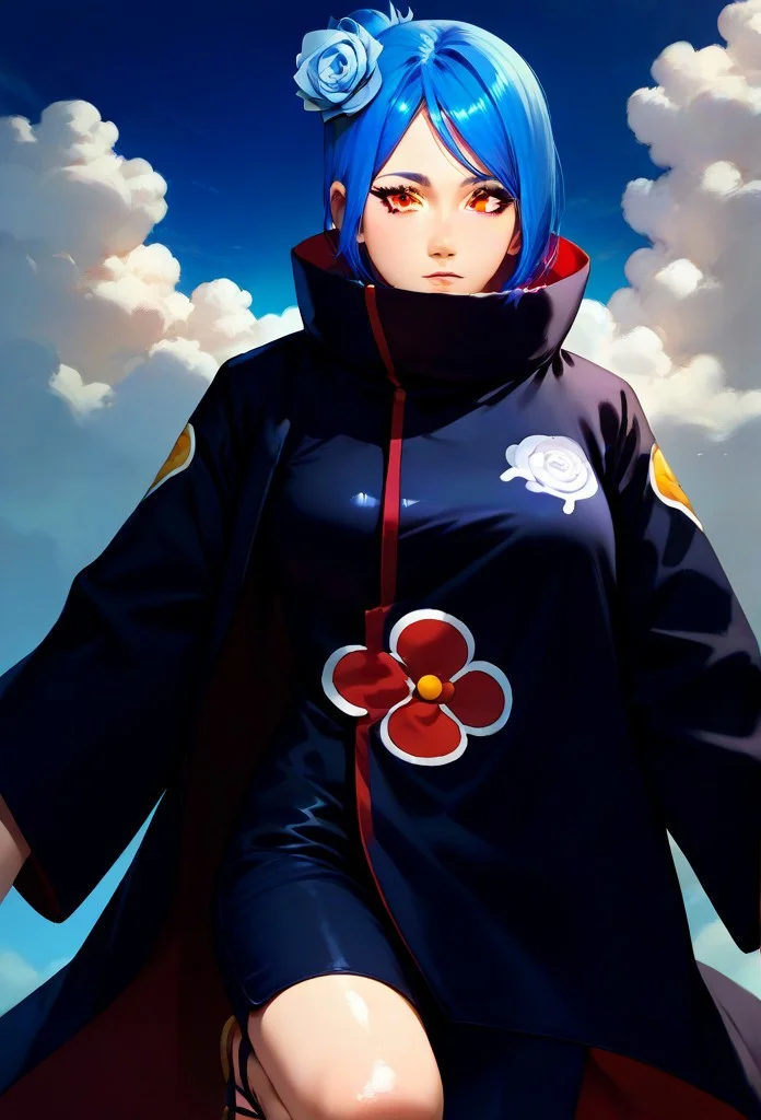 (1girl, solo, facing viewer, score_9, score_7_up, source_anime, score_9, score_8_up, score_7_up, , score_9, score_8_up, score_7_up, shiny skin, shiny, grabbing breasts, (KonanNSHXL, makeup, orange eyes, blue hair, short hair, single hair bun, hair flower, medium breasts, high collar, black coat, coat with cloud print, long sleeves, pants, sandals:1.3):1.3), zPDXL3 ,SimplePositiveXLv2, masterpiece, best quality, high res, illustration, extremely detailed, 8k, wallpaper