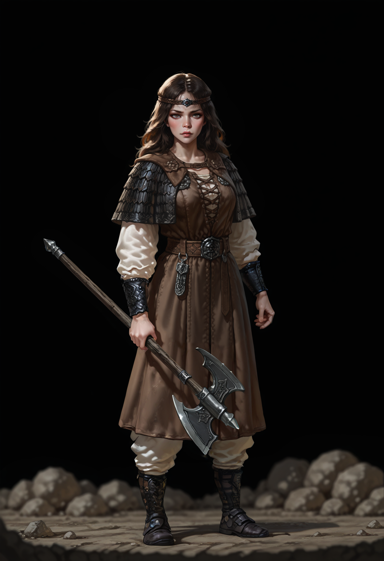 1woman, solo, black background, strong,  brown hair,  KONUNG, DETAILED FACE, FACE FOCUS,   best quality, amazing quality, very aesthetic, absurdres, newest, depth of field, separate focus, masterpiece, highres, 4k, intricate details, dark fantasy,  battle pose,  <lora:Konung-000008:1>, slavic, brave, powerful,  russian, brutal, simple