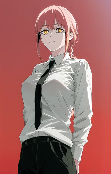best quality, 1girl, standing, (white shirt), collared shirt, black necktie, black trousers, slight smile, corneo_makima