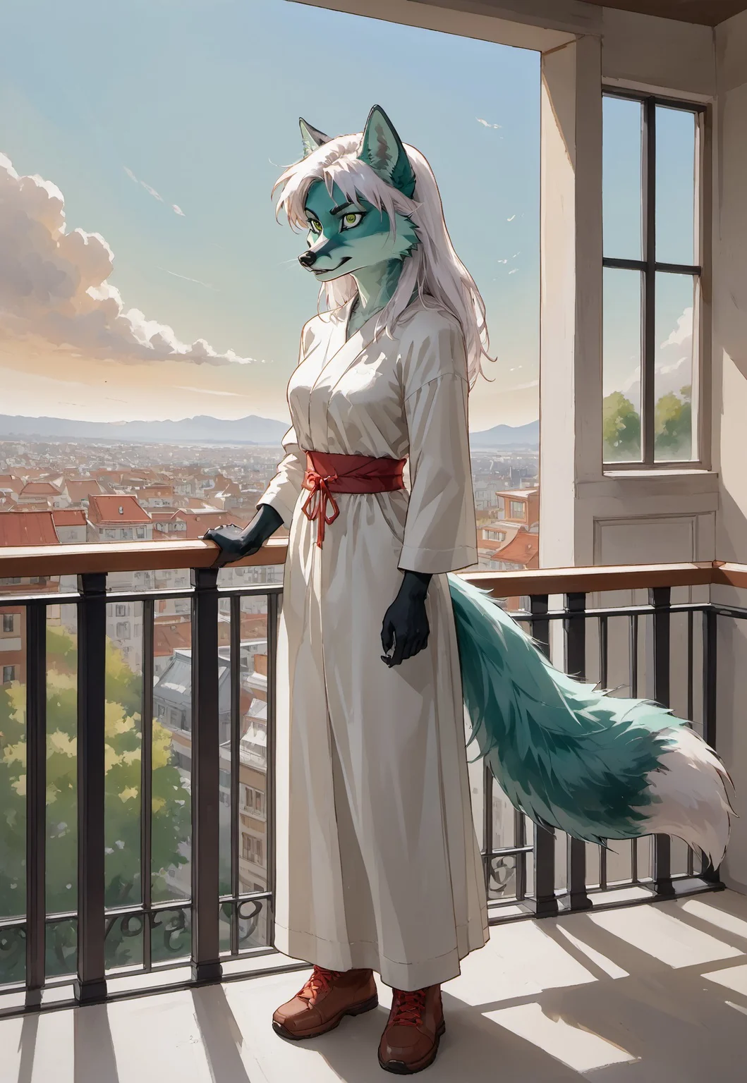 Anthropomorphic. Turquoise fluffy fox (full length), long white hair, (standing on the balcony (at dawn)), grinning, ready to fight. with green eyes and vertical pupils. woman. the traditional clothing of the Slavs. The Orphen sirius style. JuliaTDC Style~ArtS