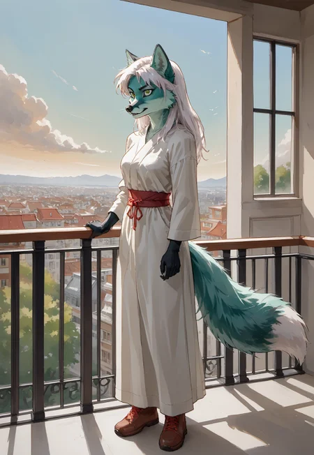Anthropomorphic. Turquoise fluffy fox (full length), long white hair, (standing on the balcony (at dawn)), grinning, ready to fight. with green eyes and vertical pupils. woman. the traditional clothing of the Slavs. The Orphen sirius style. JuliaTDC Style~ArtS