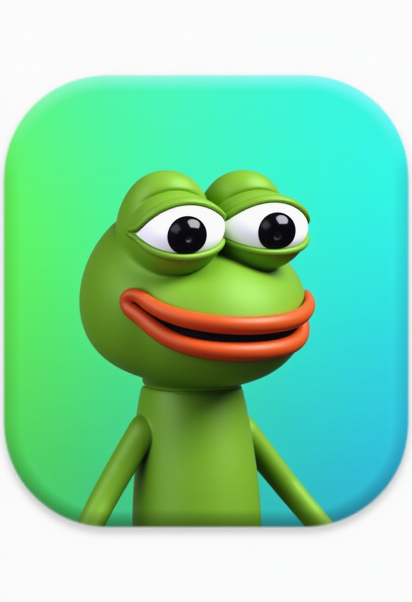a 3D icon of a Pepe in VibrantTech3D style, green and blue gradient background.