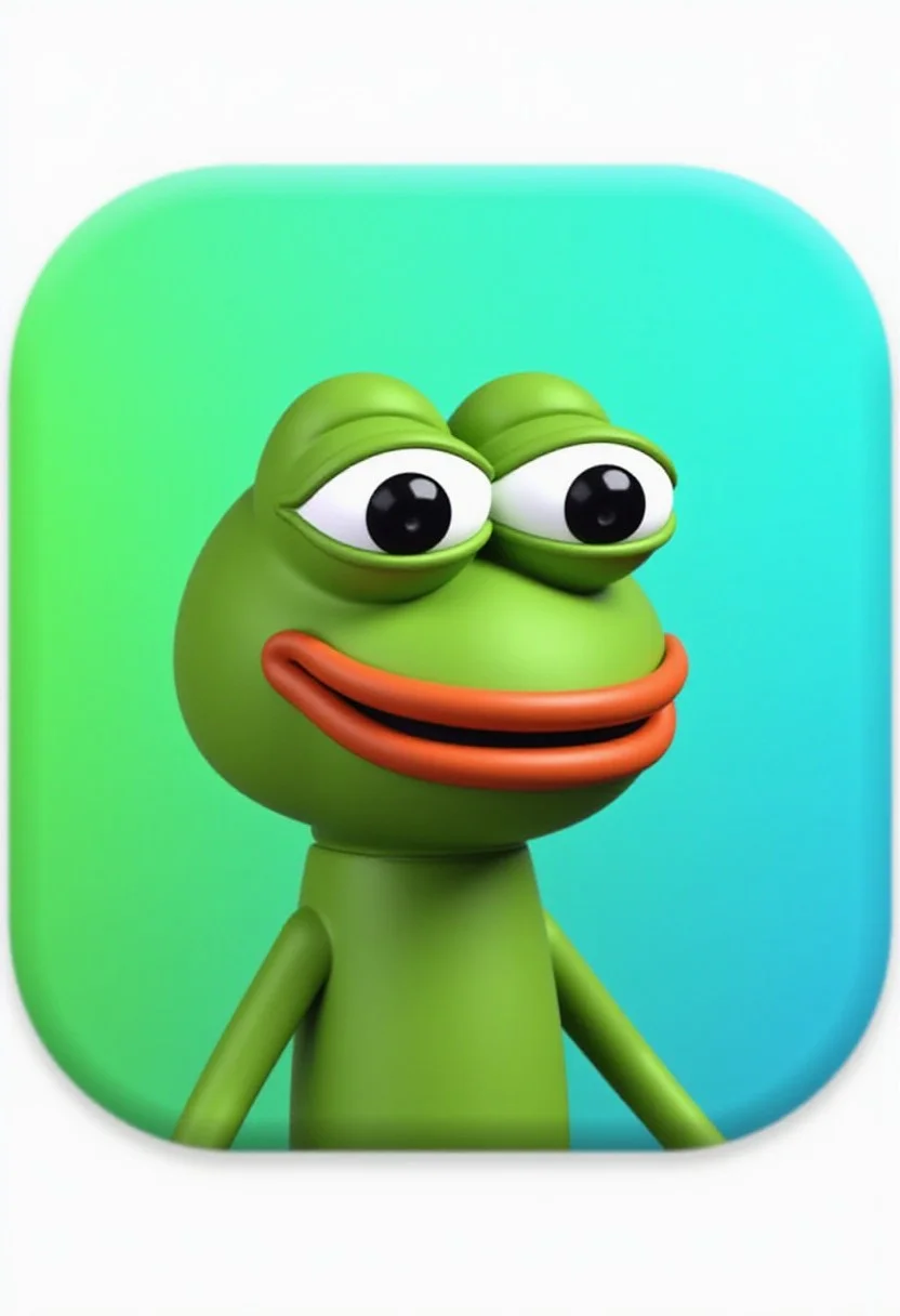 a 3D icon of a Pepe in VibrantTech3D style, green and blue gradient background.