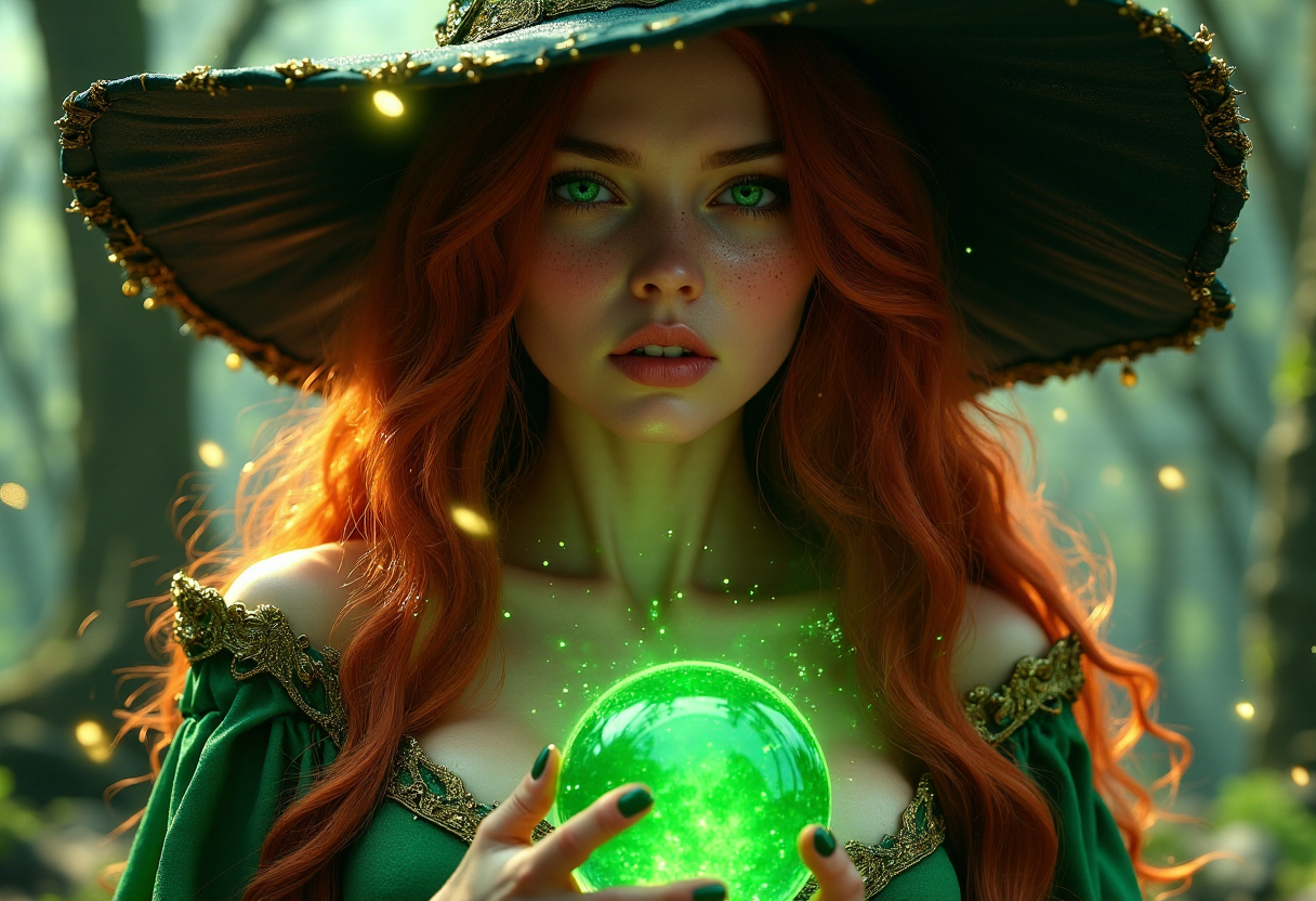A beautiful witch with long, red hair wearing green and gold robes. She has green eyes and freckles on her face. She is holding an emerald crystal ball in front of her chest. Big breasts. The background shows a forest. The woman wears a large, black hat adorned with golden accents. She emanates magical power around herself, in the style of digital art. <lora:FantasyWizardWitchesFluxV2-000001:1>
