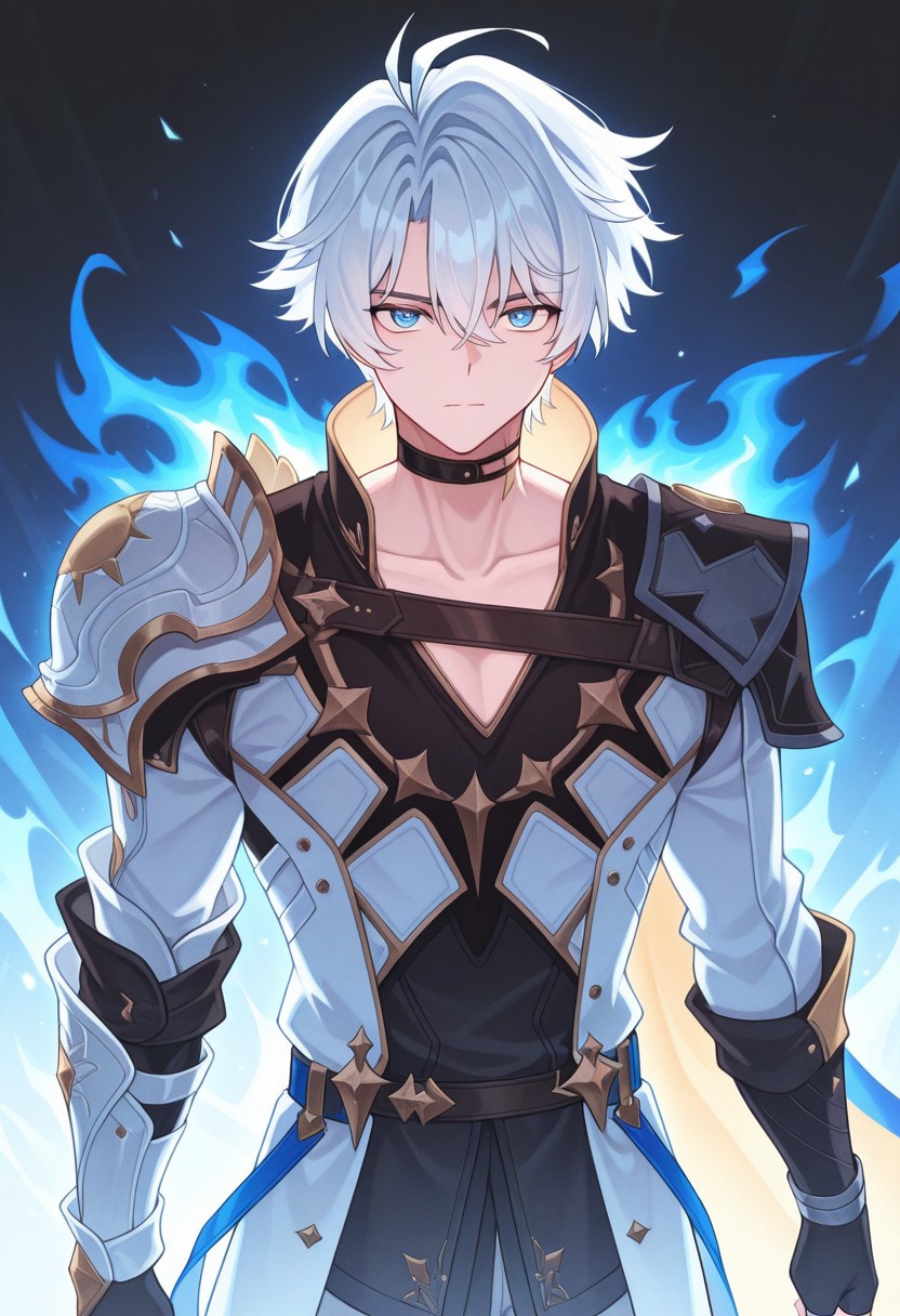 masterpiece,best quality,amazing quality, source_anime, 
Phainonhsr, 1boy, male focus, blue eyes, solo, looking at viewer, fire, closed mouth, collarbone, cowboy shot, white hair, black choker, neck tatto,, shoulder armor, shirt, black shirt, coat, white coat, cape, fingerless gloves,