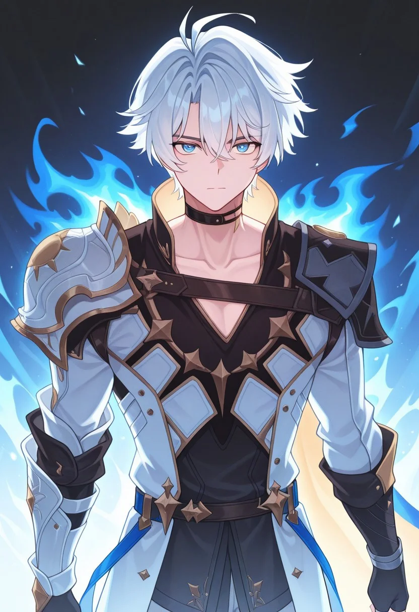 masterpiece,best quality,amazing quality, source_anime, 
Phainonhsr, 1boy, male focus, blue eyes, solo, looking at viewer, fire, closed mouth, collarbone, cowboy shot, white hair, black choker, neck tatto,, shoulder armor, shirt, black shirt, coat, white coat, cape, fingerless gloves,