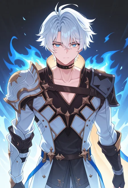 masterpiece,best quality,amazing quality, source_anime,
Phainonhsr, 1boy, male focus, blue eyes, solo, looking at viewer, fire, closed mouth, collarbone, cowboy shot, white hair, black choker, neck tatto,, shoulder armor, shirt, black shirt, coat, white coat, cape, fingerless gloves,