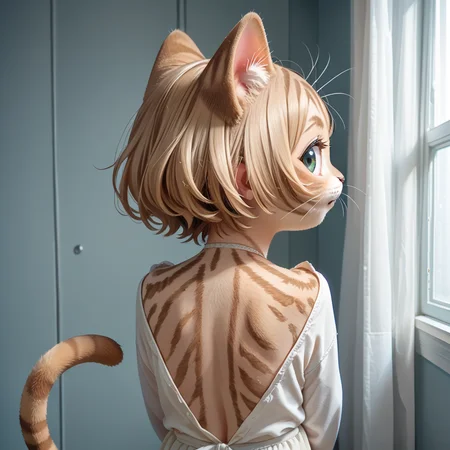score_9, score_8_up, score_7_up, source_anime, masterpiece, best quality  , 1girl,  back, kerokan, solo, looking back, felyne, <lora:kerokan:1>