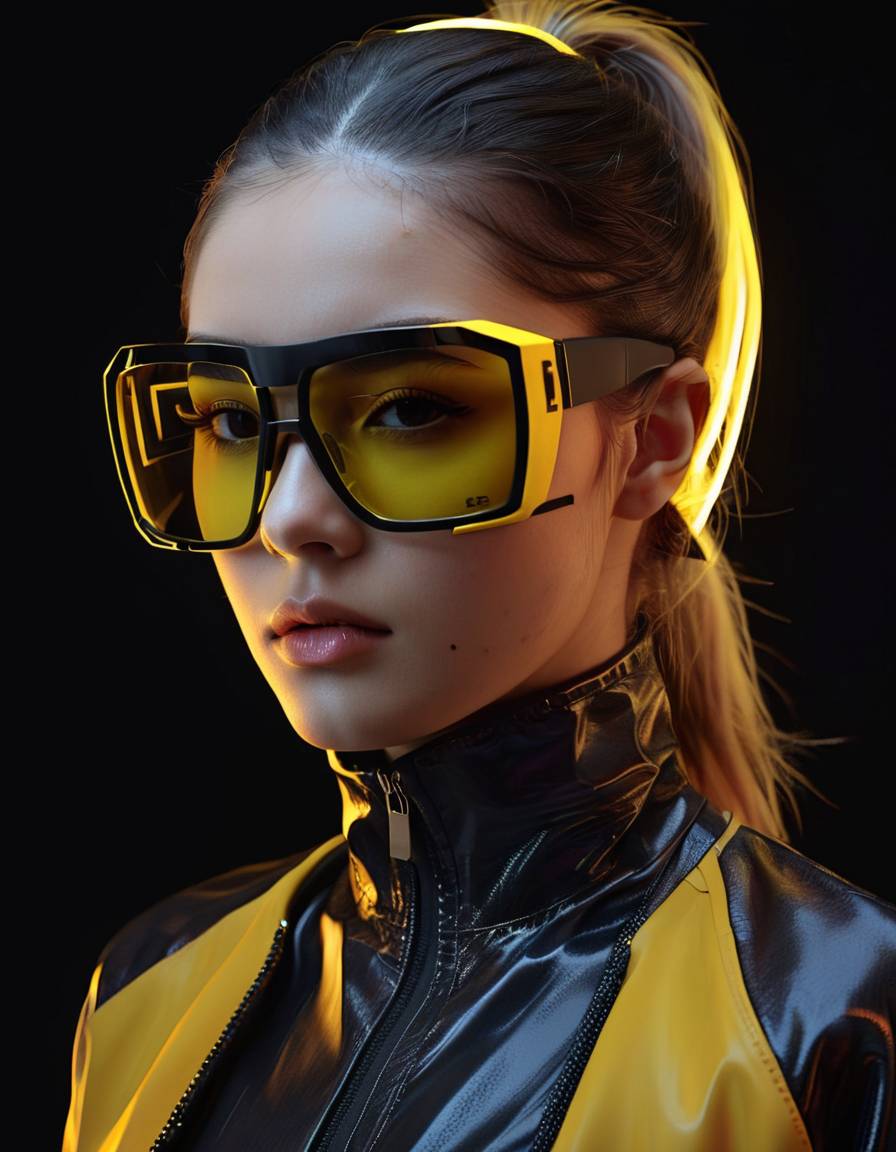 1girl, black background, parted lips, long hair, realistic, ponytail, upper body, black hair, digital media \(artwork\), portrait, nose, simple background, yellow jacket, futuristic glasses, brown eyes, focus, highly detailed, cinematic, dramatic ambient light, sharp, detail, fine, advanced, color, expansive, complex, rich, artistic
 <lora:FuturisticGlassesXL:.6>, , <lora:FILM_PHOTOGRAPHY_STYLE:0.25>