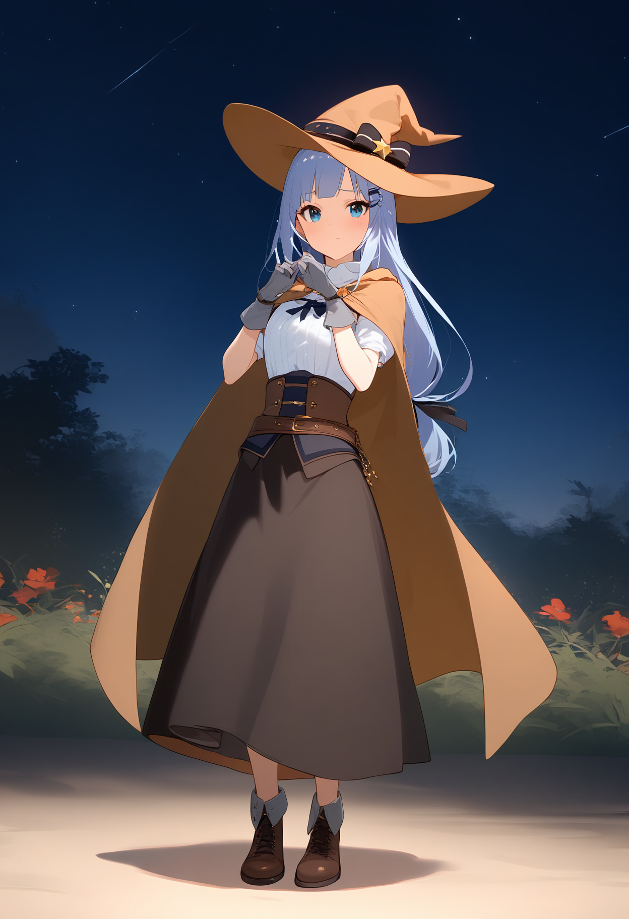 1girl,
shiraishi tsumugi,


grey hair, black pants, cape, star \(sky\), dress, starry sky, blue eyes, grey gloves, full body, blush, shoes, hair ornament, gloves, hat, shirt, hairclip, brown footwear, closed mouth, pants, standing, brown cape, brown dress, solo, witch hat, white shirt, sleeveless dress, sky, sleeveless, night sky, outdoors, night, hands up,

sfw
<lora:a31_char_new_shiraishi_tsumugi-000020:1> <lora:a31_style_koni-000010:0.8>