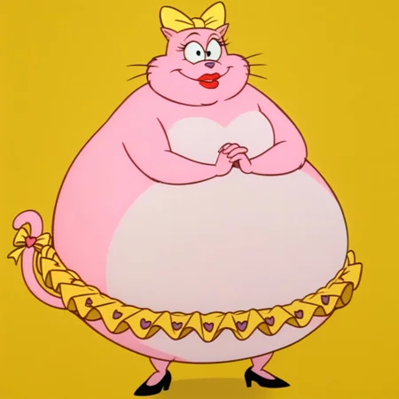 score_9, score_8_up, score_8, score_7, source_cartoon, Annabelle(EEK), Solo, 1girl, anthro, female furry, cat, catgirl, pink fur, black eyes, purple nose, whiskers, cat tail, chubby, fat, red lipstick, yellow hair bow, yellow skirt, yellow tail bows, black high heels, full body, looking at viewer, standing, hands together, smile, yellow background,