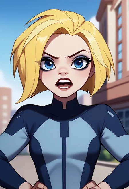 Score_9, score_8_up, score_7_up, score_6_up, SpecStyle, <lora:SpecPony:1.1>, wide shot, animated kara, blonde hair, short hair, teeth, looking at viewer, open mouth, blue sky, blurry background, building, blurry, parody, blue eyes, 1girl, solo, outdoors, day, makeup, upper body, female focus, hands on hips, bodysuit