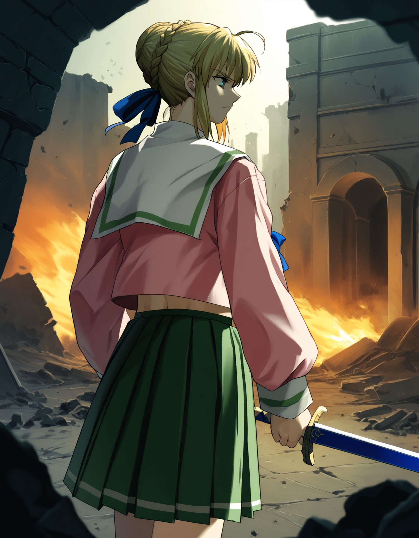 score_9,  score_8_up, score_7_up, <lora:shuusaku-v2-ponyxl-000016:0.9> 1girl, solo, saber, artoria pendragon \(fate\), serafuku, pleated skirt, green skirt, excalibur \(fate/stay night\), looking to the side, serious, ruins, rubble, fire, smoke, night, cowboy shot, close-up