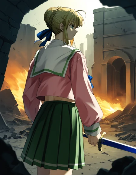 score_9,  score_8_up, score_7_up, <lora:shuusaku-v2-ponyxl-000016:0.9> 1girl, solo, saber, artoria pendragon \(fate\), serafuku, pleated skirt, green skirt, excalibur \(fate/stay night\), looking to the side, serious, ruins, rubble, fire, smoke, night, cowboy shot, close-up