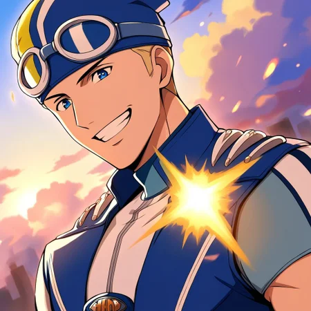 Sportacus, smile, black hair, dark blue eyes, male focus, grin, goggles, goggles on head, blond hair, hero costume, anime Style, solo, 1boy
