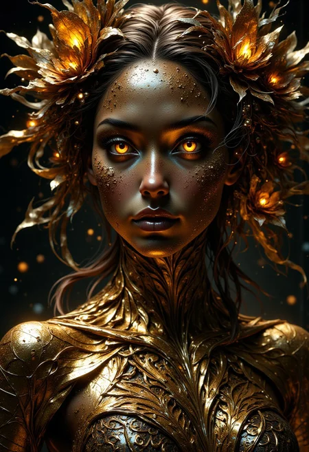 Golden statue of a woman, her skin composed of delicate, textured gold flakes, with chrome and golden flowers intricately woven into her hair, her eyes gleaming with a warm, golden light, wearing a majestic, windy-blown ornate gown with tattered, metallic petals, reminiscent of a dark, dystopian world, her face and shoulders illuminated by a soft, ambient glow, as if radiating an otherworldly energy, in the styles of Royo's dark, mystical realism, Artgerm's hyper-detailed, metallic sheen, and Lovecraft's eerie, atmospheric tension, with meticulous attention to intricate textures, dramatic shading, and a sense of haunting, ethereal beauty.