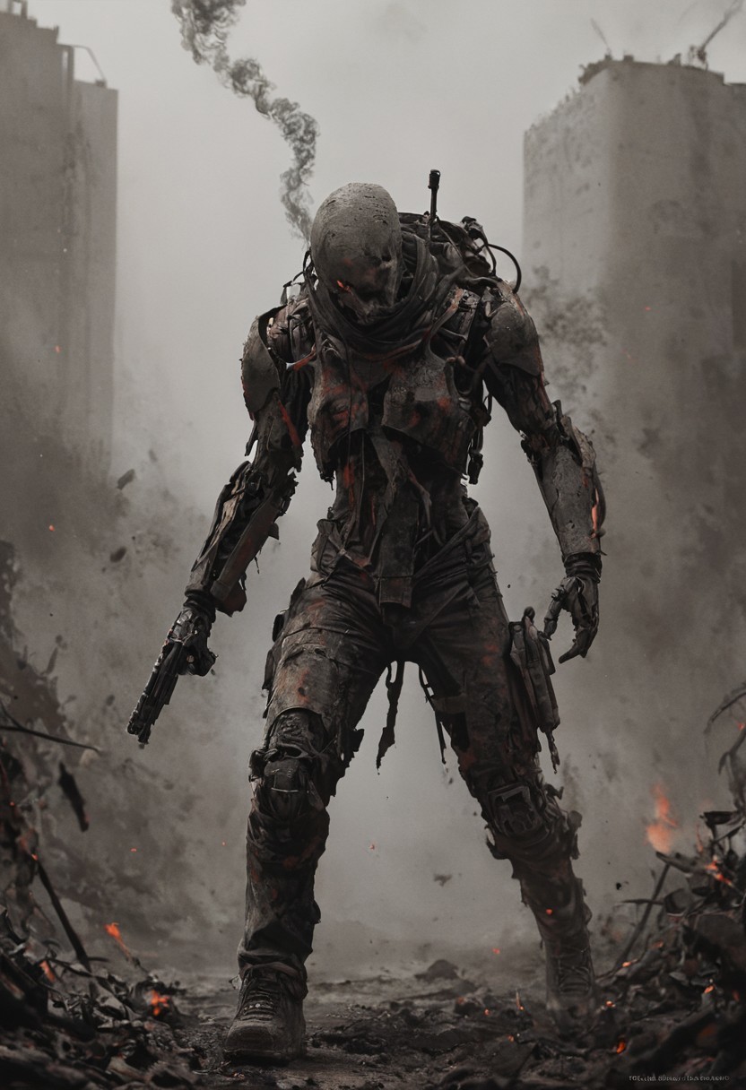 a combat cyborg, battle damaged, looking at the sunset over a faraway distopian city, smoke rising high on the horizon, colorful, muted rusted eroded paint,
