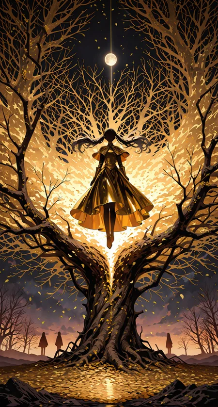 (silhouette_with_gold_foil:1.5),1girl,pretty woman,grey eyes,detailed face,long hair,twintails,capelet,dress,gloves,cherry blossom flower petals floating around her,setting sun in back ground illuminating the body,lost the deep forest,many trees and foliage around her,a mysterious terror and fear inducing scene,small golden stars,circular patterns around body,intricate golden dress,gold foil,, masterpiece,best quality,amazing quality,high quality, newest, highres,8K,HDR,absurdres,vibrant colors,Volumetric lighting,cinematic,
<lora:iLLMythM4gicalL1nes:0.4>,m4gicall1nes,<lora:Sinozick_style:0.4>,sinozick_illu,
