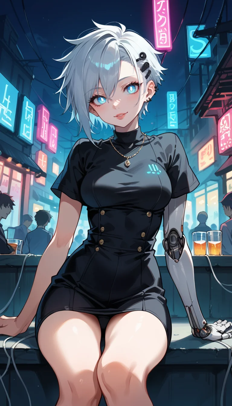score_9, score_8_up, score_7_up, Anime Style, Cowboy Shot, mechanical android, girl, cute, seductive, innocent, light smile:0.3, plump lips, slender body, short punk hair, (mechanical arms), wires and cables, silver body, glowing led parts, ornaments detailed, sitting outside a pub, neon lights, bright colors, street night background, depth of field, dynamic angle, fashion photography, sharp, hyperdetailed:1.15