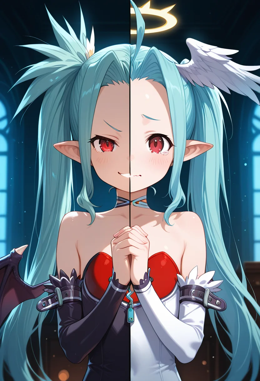 1girl, solo, Dina \(Summon Night\), long hair, twintails, pointy ears, own hands clasped, looking at viewer, detached sleeves, choker, upper body, straight-on, indoors, dark, light particles, depth of field, split theme, split screen, masterpiece, best quality, amazing quality